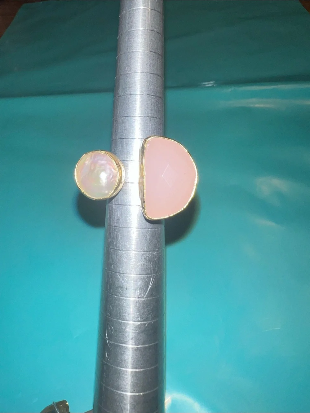 Gold Rose Quartz and Pearl Ring- Adjustable
